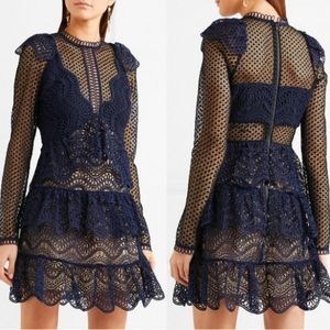 SELF-PORTRAIT navy and black lace guipure mini dress, size UK 10/US 6